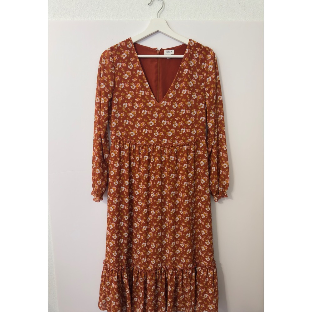 J.Crew‎ Womens Floral Tiered Ruffle V-Neck Midi Dress Cottagecore Flowy Prairie